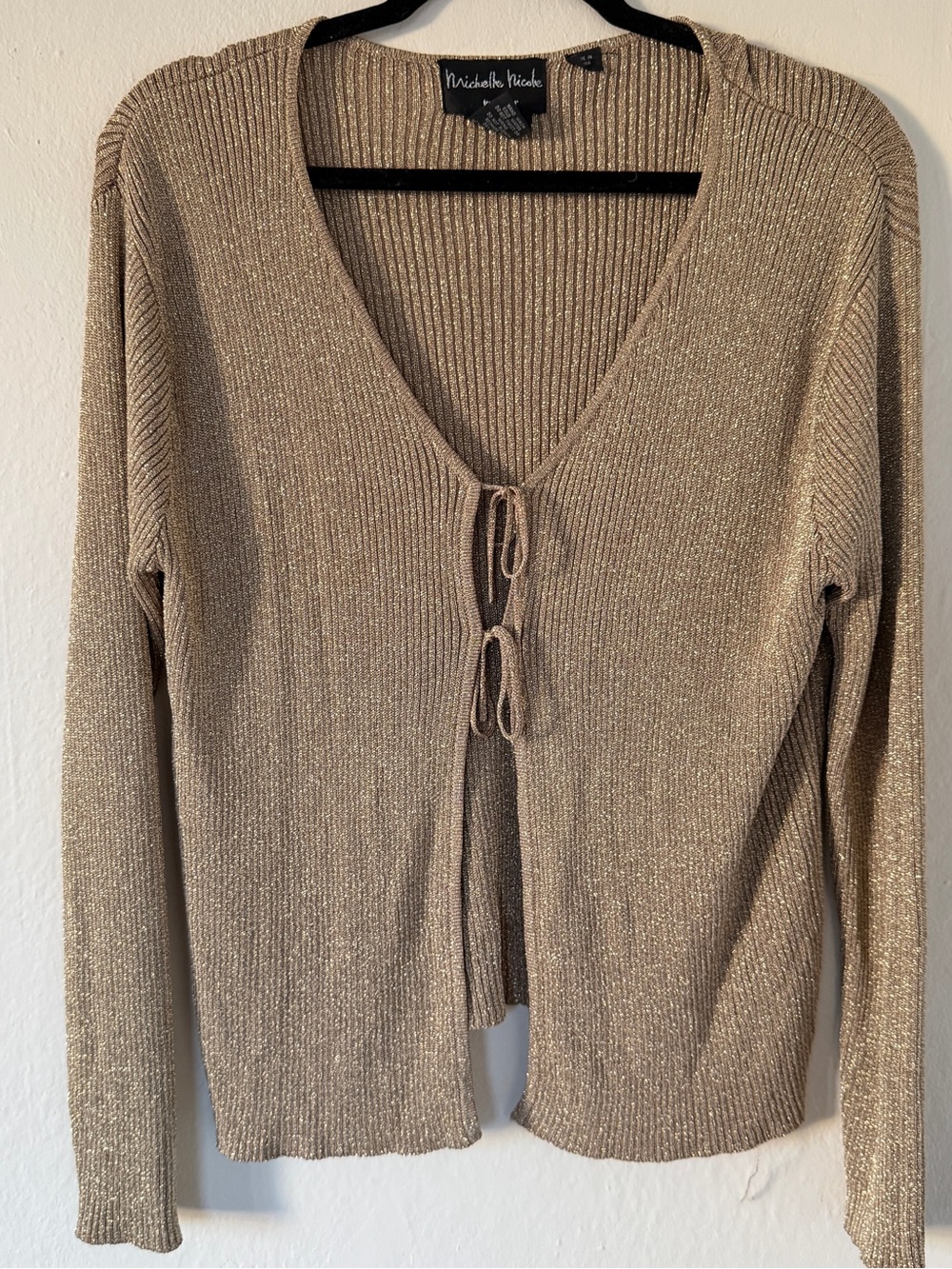 Michelle Nicole Metallic Gold Ribbed Tie-Front Cardigan